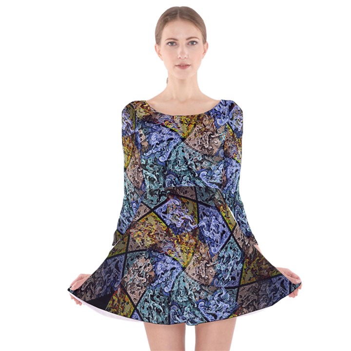 Multi Color Tile Twirl Octagon Long Sleeve Velvet Skater Dress