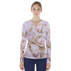 Pastel Roses Antique Vintage V-neck Long Sleeve Top by Nexatart