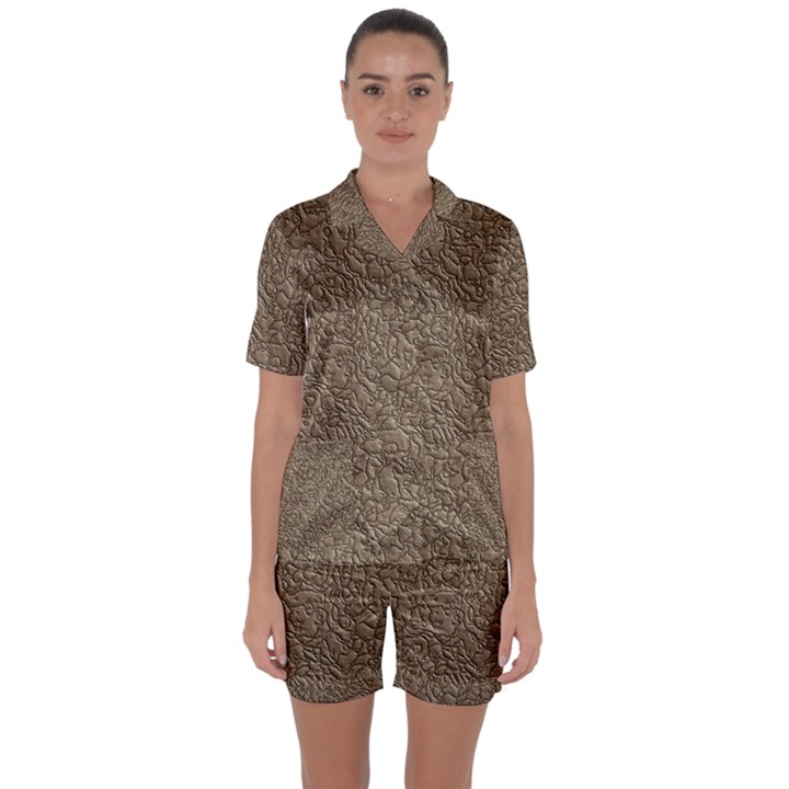 Leather Texture Brown Background Satin Short Sleeve Pyjamas Set