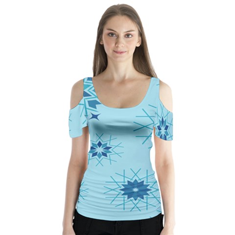 Blue Winter Snowflakes Star Butterfly Sleeve Cutout Tee  by Mariart