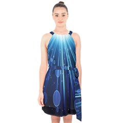 Blue Rays Light Stars Space Halter Collar Waist Tie Chiffon Dress