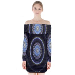 Colorful Hypnotic Circular Rings Space Long Sleeve Off Shoulder Dress by Mariart