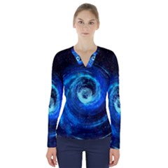 Blue Black Hole Galaxy V-neck Long Sleeve Top by Mariart