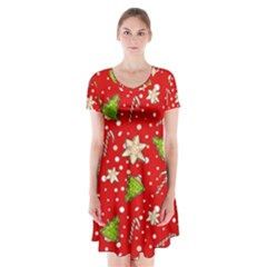 Ginger Cookies Christmas Pattern Short Sleeve V-neck Flare Dress by Valentinaart