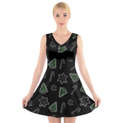 Ginger Cookies Christmas Pattern V-neck Sleeveless Skater Dress