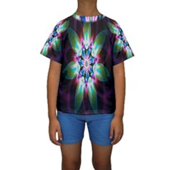 Colorful Fractal Flower Star Green Purple Kids  Short Sleeve Swimwear