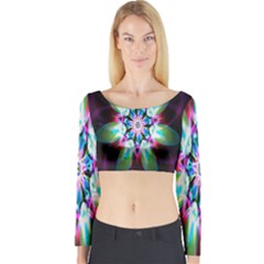 Colorful Fractal Flower Star Green Purple Long Sleeve Crop Top by Mariart