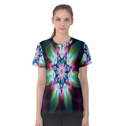 Colorful Fractal Flower Star Green Purple Women s Cotton Tee by Mariart