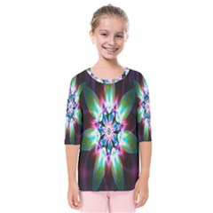 Colorful Fractal Flower Star Green Purple Kids  Quarter Sleeve Raglan Tee