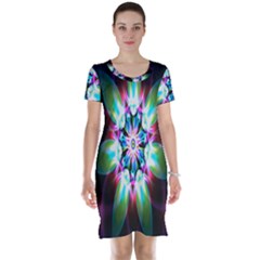 Colorful Fractal Flower Star Green Purple Short Sleeve Nightdress by Mariart