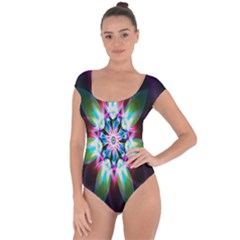 Colorful Fractal Flower Star Green Purple Short Sleeve Leotard  by Mariart