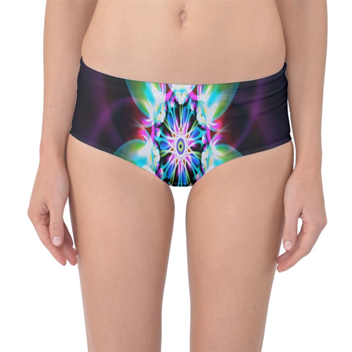 Colorful Fractal Flower Star Green Purple Mid-Waist Bikini Bottoms