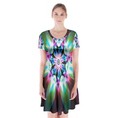 Colorful Fractal Flower Star Green Purple Short Sleeve V-neck Flare Dress by Mariart