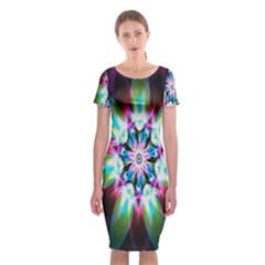 Colorful Fractal Flower Star Green Purple Classic Short Sleeve Midi Dress