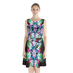 Colorful Fractal Flower Star Green Purple Sleeveless Waist Tie Chiffon Dress