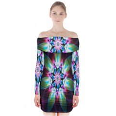 Colorful Fractal Flower Star Green Purple Long Sleeve Off Shoulder Dress by Mariart