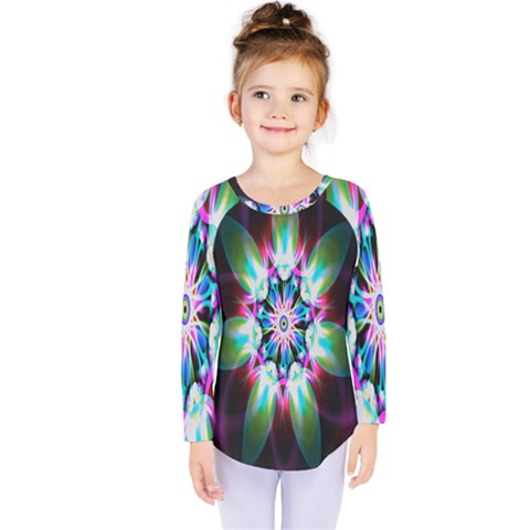 Colorful Fractal Flower Star Green Purple Kids  Long Sleeve Tee by Mariart