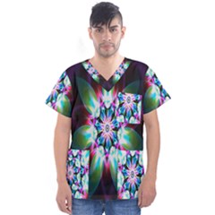 Colorful Fractal Flower Star Green Purple Men s V-neck Scrub Top