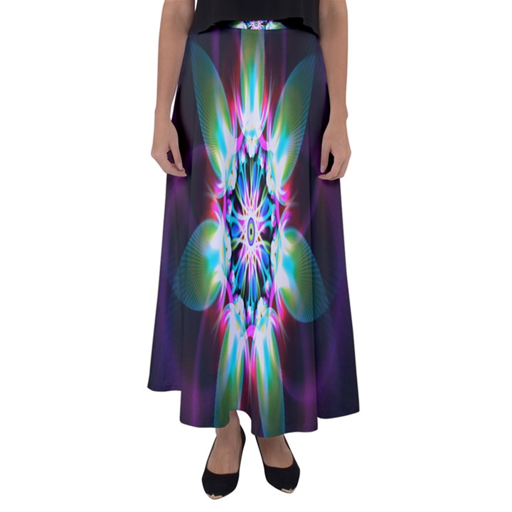 Colorful Fractal Flower Star Green Purple Flared Maxi Skirt