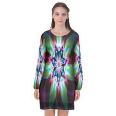 Colorful Fractal Flower Star Green Purple Long Sleeve Chiffon Shift Dress  by Mariart