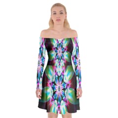 Colorful Fractal Flower Star Green Purple Off Shoulder Skater Dress