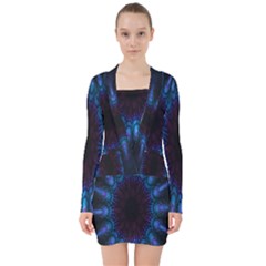 Exploding Flower Tunnel Nature Amazing Beauty Animation Blue Purple V-neck Bodycon Long Sleeve Dress by Mariart