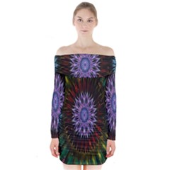 Flower Stigma Colorful Rainbow Animation Gold Space Long Sleeve Off Shoulder Dress by Mariart