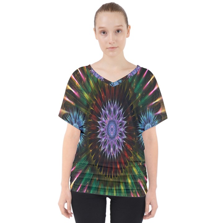 Flower Stigma Colorful Rainbow Animation Gold Space V-Neck Dolman Drape Top