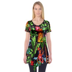 Hawaiian Girls Black Flower Floral Summer Short Sleeve Tunic 