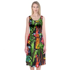 Hawaiian Girls Black Flower Floral Summer Midi Sleeveless Dress