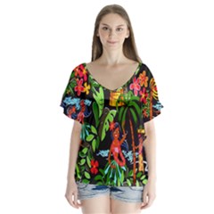 Hawaiian Girls Black Flower Floral Summer V-neck Flutter Sleeve Top