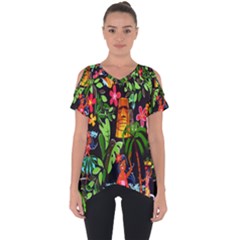 Hawaiian Girls Black Flower Floral Summer Cut Out Side Drop Tee by Mariart