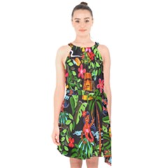 Hawaiian Girls Black Flower Floral Summer Halter Collar Waist Tie Chiffon Dress by Mariart