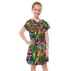 Hawaiian Girls Black Flower Floral Summer Kids  Drop Waist Dress