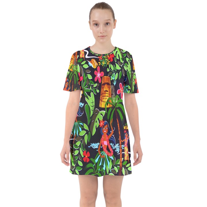 Hawaiian Girls Black Flower Floral Summer Sixties Short Sleeve Mini Dress