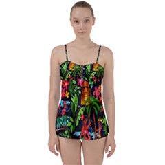 Hawaiian Girls Black Flower Floral Summer Babydoll Tankini Set by Mariart