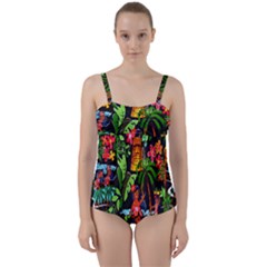 Hawaiian Girls Black Flower Floral Summer Twist Front Tankini Set by Mariart