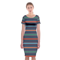 Horizontal Line Blue Green Classic Short Sleeve Midi Dress