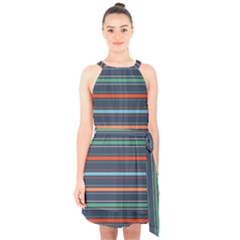 Horizontal Line Blue Green Halter Collar Waist Tie Chiffon Dress by Mariart