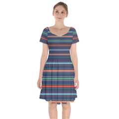 Horizontal Line Blue Green Short Sleeve Bardot Dress