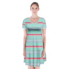 Horizontal Line Blue Red Short Sleeve V-neck Flare Dress by Mariart