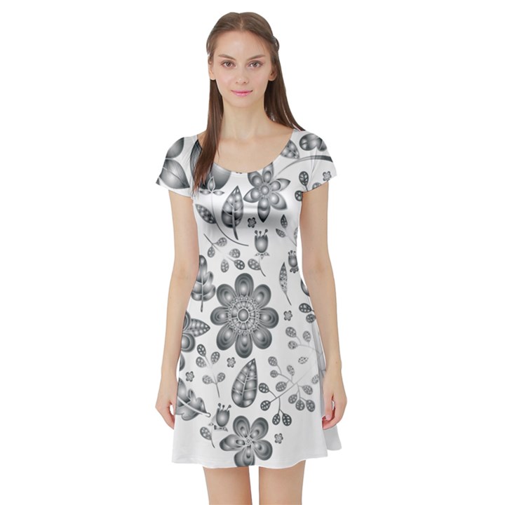 Grayscale Floral Heart Background Short Sleeve Skater Dress