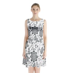 Grayscale Floral Heart Background Sleeveless Waist Tie Chiffon Dress