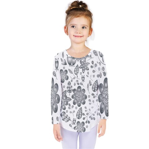 Grayscale Floral Heart Background Kids  Long Sleeve Tee by Mariart