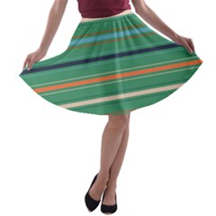 Horizontal Line Green Red Orange A-line Skater Skirt