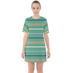 Horizontal Line Green Red Orange Sixties Short Sleeve Mini Dress