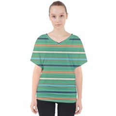 Horizontal Line Green Red Orange V-neck Dolman Drape Top