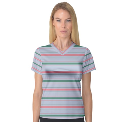 Horizontal Line Green Pink Gray V-neck Sport Mesh Tee by Mariart