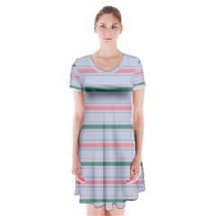 Horizontal Line Green Pink Gray Short Sleeve V-neck Flare Dress by Mariart