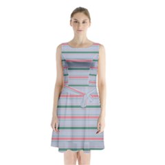 Horizontal Line Green Pink Gray Sleeveless Waist Tie Chiffon Dress